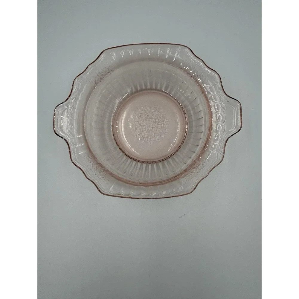 Pink Glass Floral Round Serving Bowl w/ Handles Scalloped Rim 8.5 in